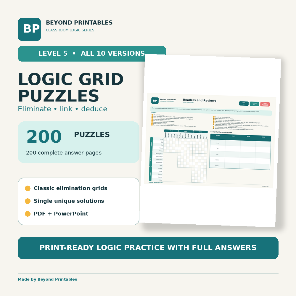 Logic Grid Puzzles Level 5: Multi-Step Deduction | Complete 200-Puzzle Pack