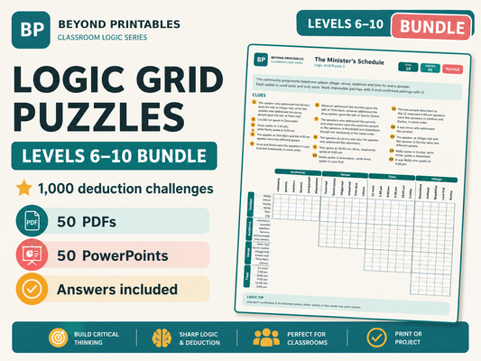 Advanced Logic Grid Puzzles Bundle Levels 6–10 | 1,000 Deduction Challenges | PDF & PowerPoint