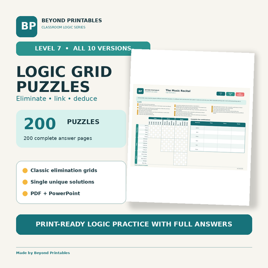 Logic Grid Puzzles Level 7: Six-Way Logic | Complete 200-Puzzle Pack