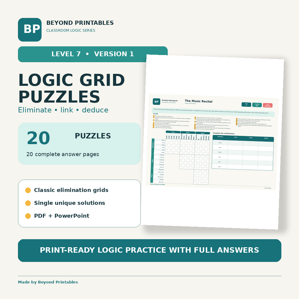 Logic Grid Puzzles Level 7: Six-Way Logic | Version 1, 20 Puzzles