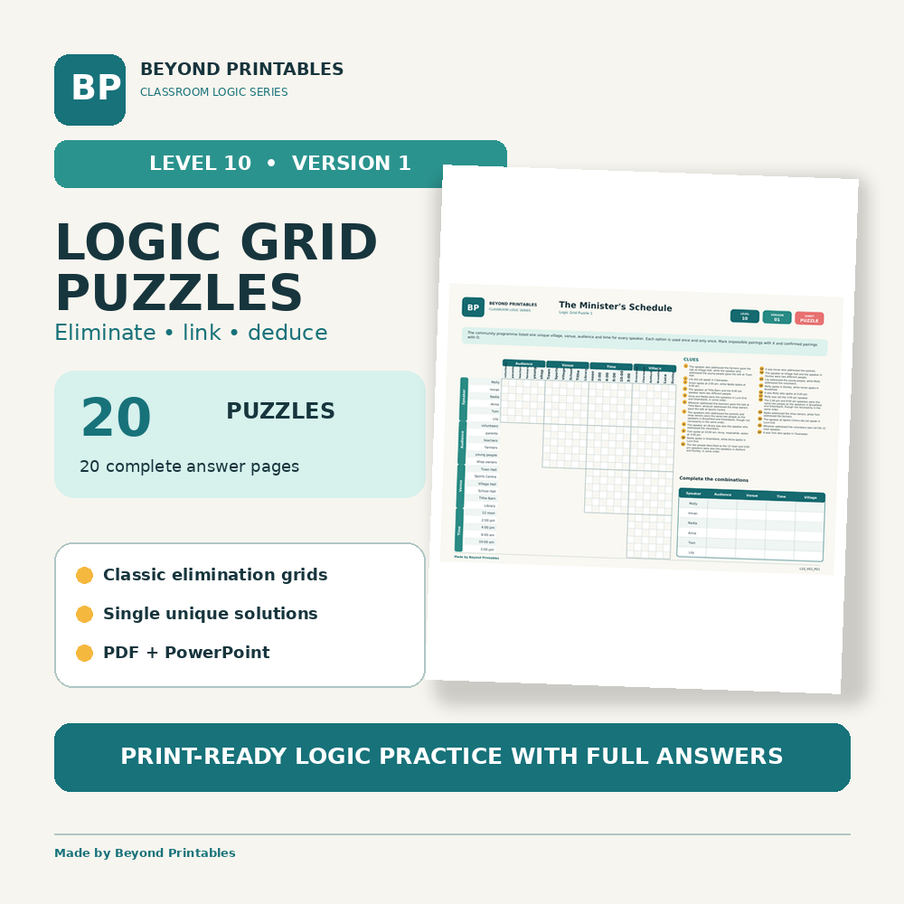 Logic Grid Puzzles Level 10: Master Deduction | Version 1, 20 Puzzles