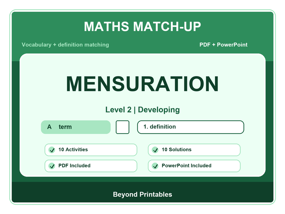 Maths Literacy Match-Up: Level 2 Developing Mensuration | 10 Activities + PowerPoint