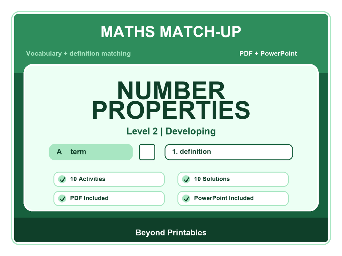 Maths Literacy Match-Up: Level 2 Developing Number Properties | 10 Activities + PowerPoint