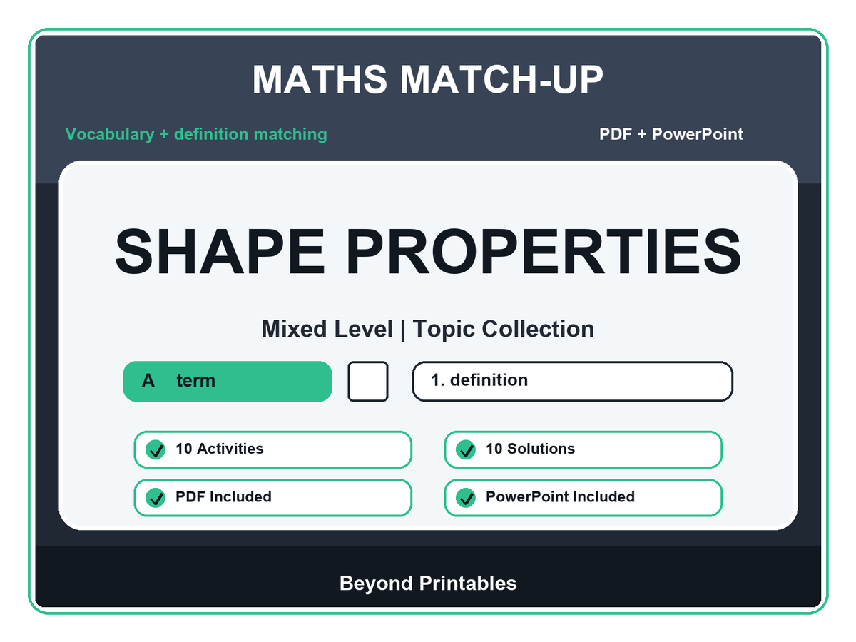 Maths Literacy Match-Up: Shape Properties | 10 Activities + PowerPoint
