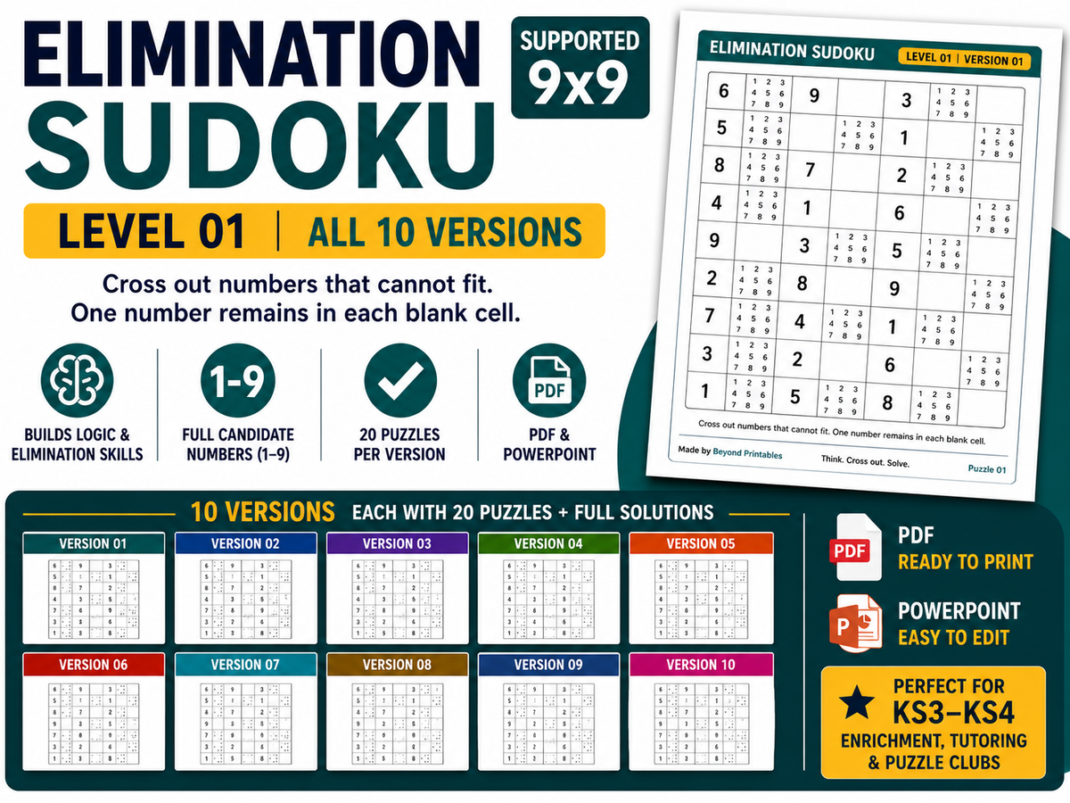 Elimination Sudoku Level 1 Bundle | 10 Versions | 200 Supported 4×4 Puzzles