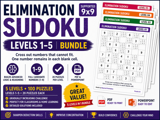 Elimination Sudoku Levels 1–5 Bundle | 50 Versions | 1,000 Logic Puzzles