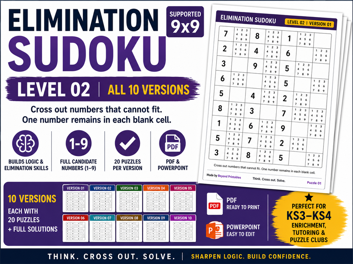 Elimination Sudoku Level 2 Bundle | 10 Versions | 200 Supported 4×4 Logic Puzzles