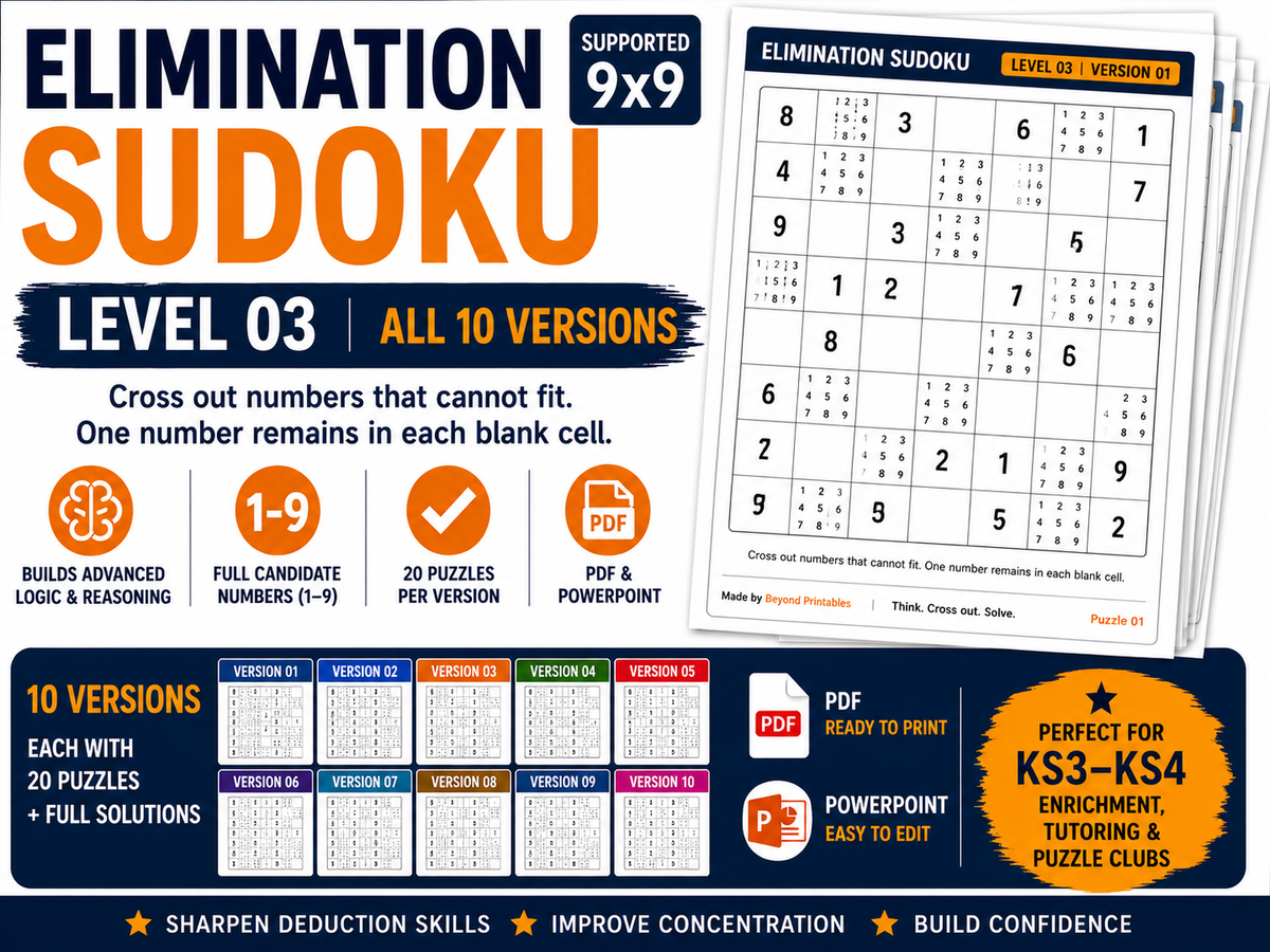 Elimination Sudoku Level 3 Bundle | 10 Versions | 200 Supported 6×6 Logic Puzzles