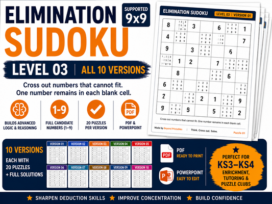 Elimination Sudoku Level 3 Bundle | 10 Versions | 200 Supported 6×6 Logic Puzzles