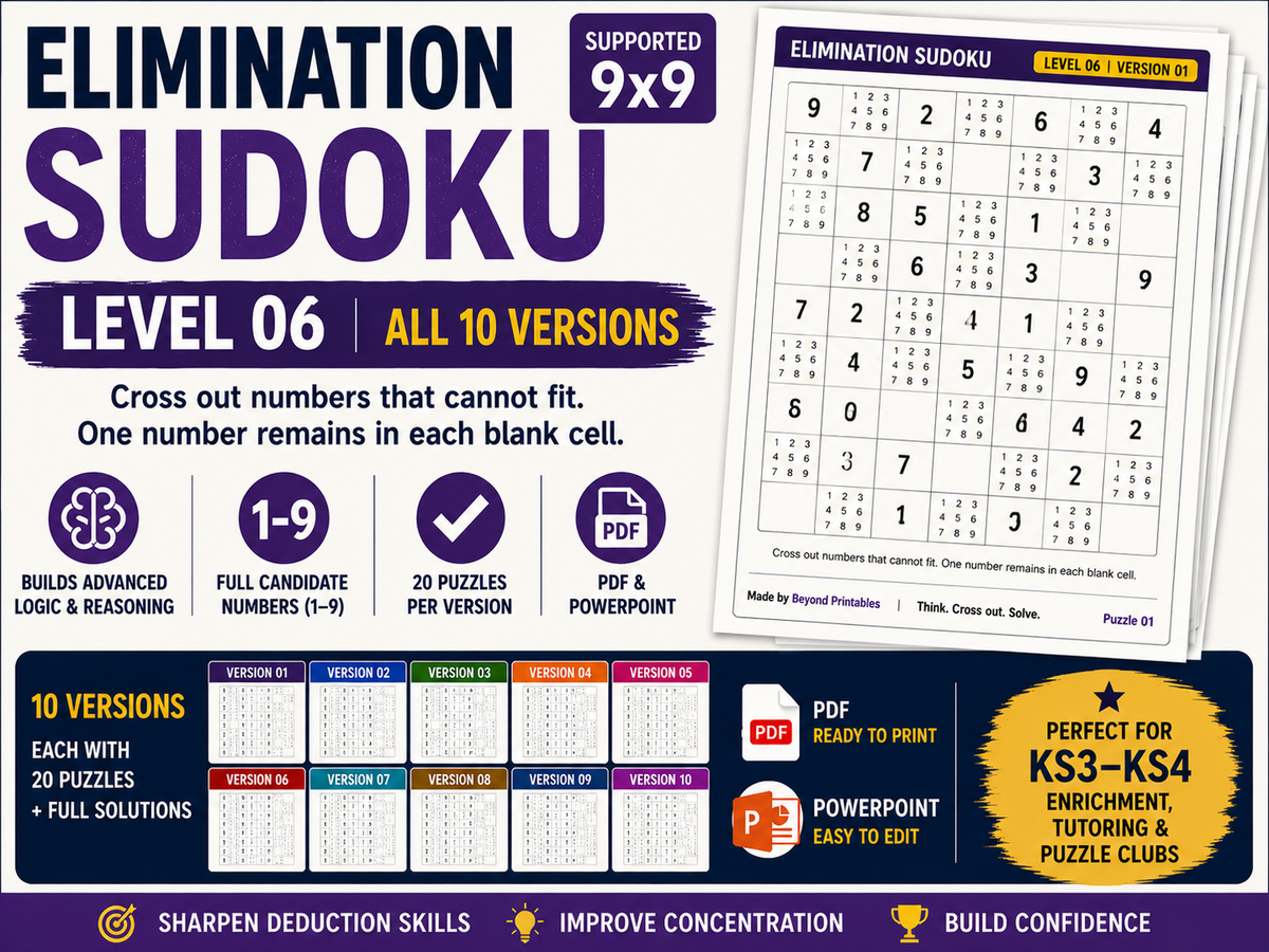 Elimination Sudoku Level 6 Bundle | 10 Versions | 200 Independent 9×9 Puzzles