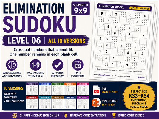 Elimination Sudoku Level 6 Bundle | 10 Versions | 200 Independent 9×9 Puzzles