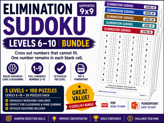 Elimination Sudoku Levels 6–10 Bundle | 50 Versions | 1,000 Advanced 9×9 Puzzles