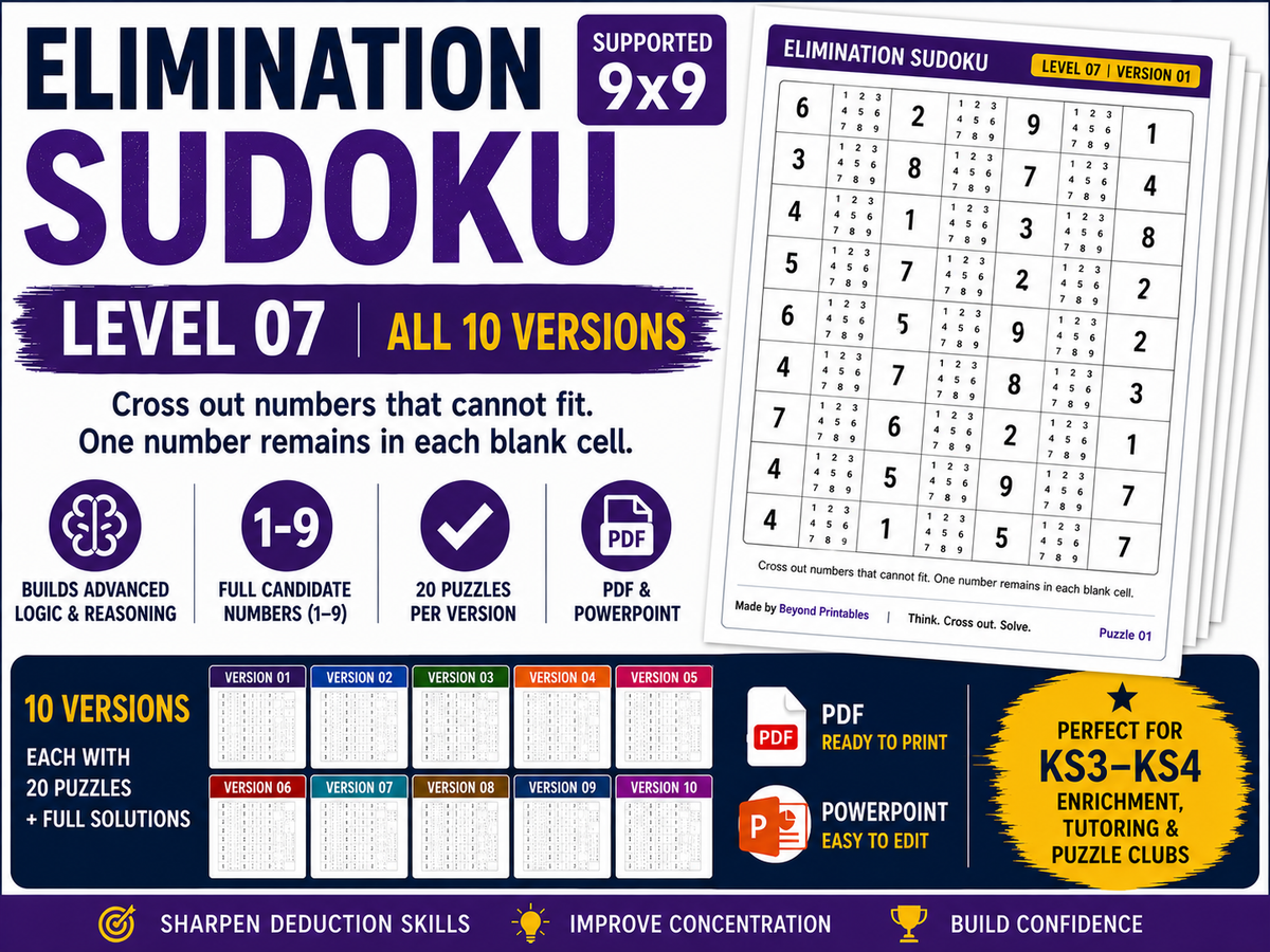 Elimination Sudoku Level 7 Bundle | 10 Versions | 200 Independent 9×9 Logic Puzzles