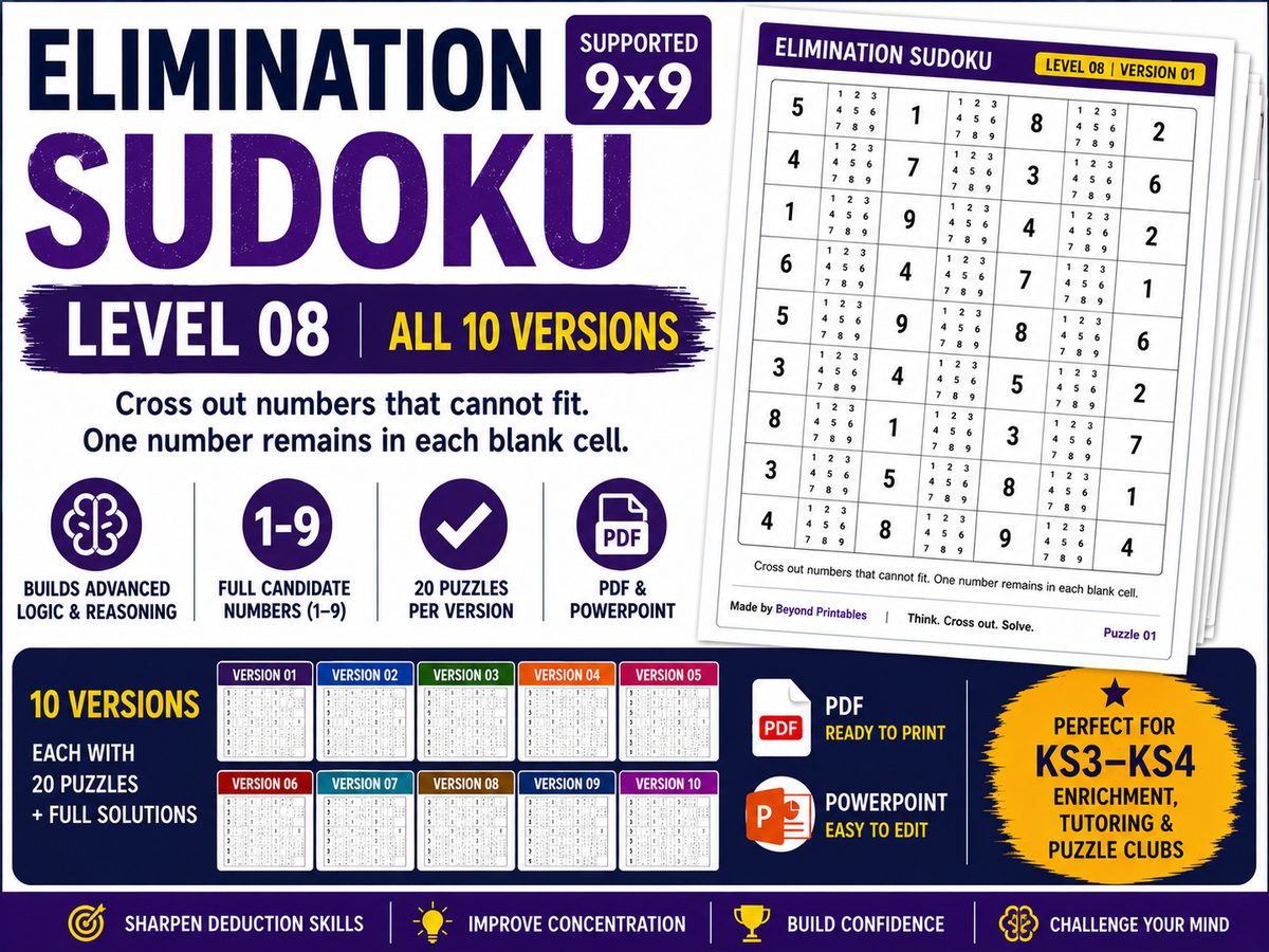 Elimination Sudoku Level 8 Bundle | 10 Versions | 200 Independent 9×9 Logic Puzzles