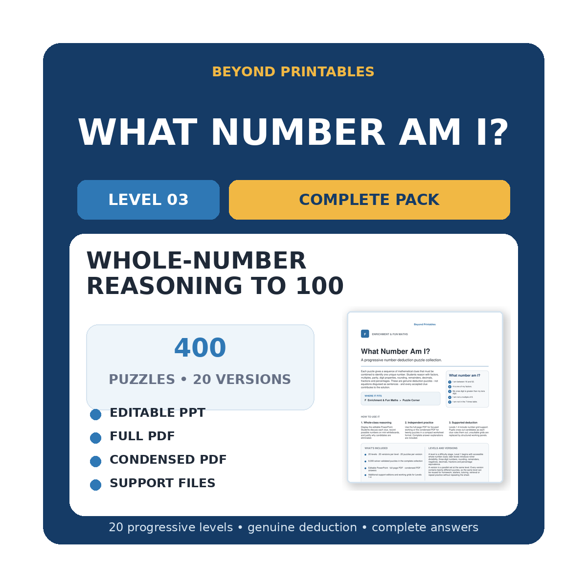 What Number Am I? Level 03: Whole-Number Reasoning To 100 | 20-Version Bundle