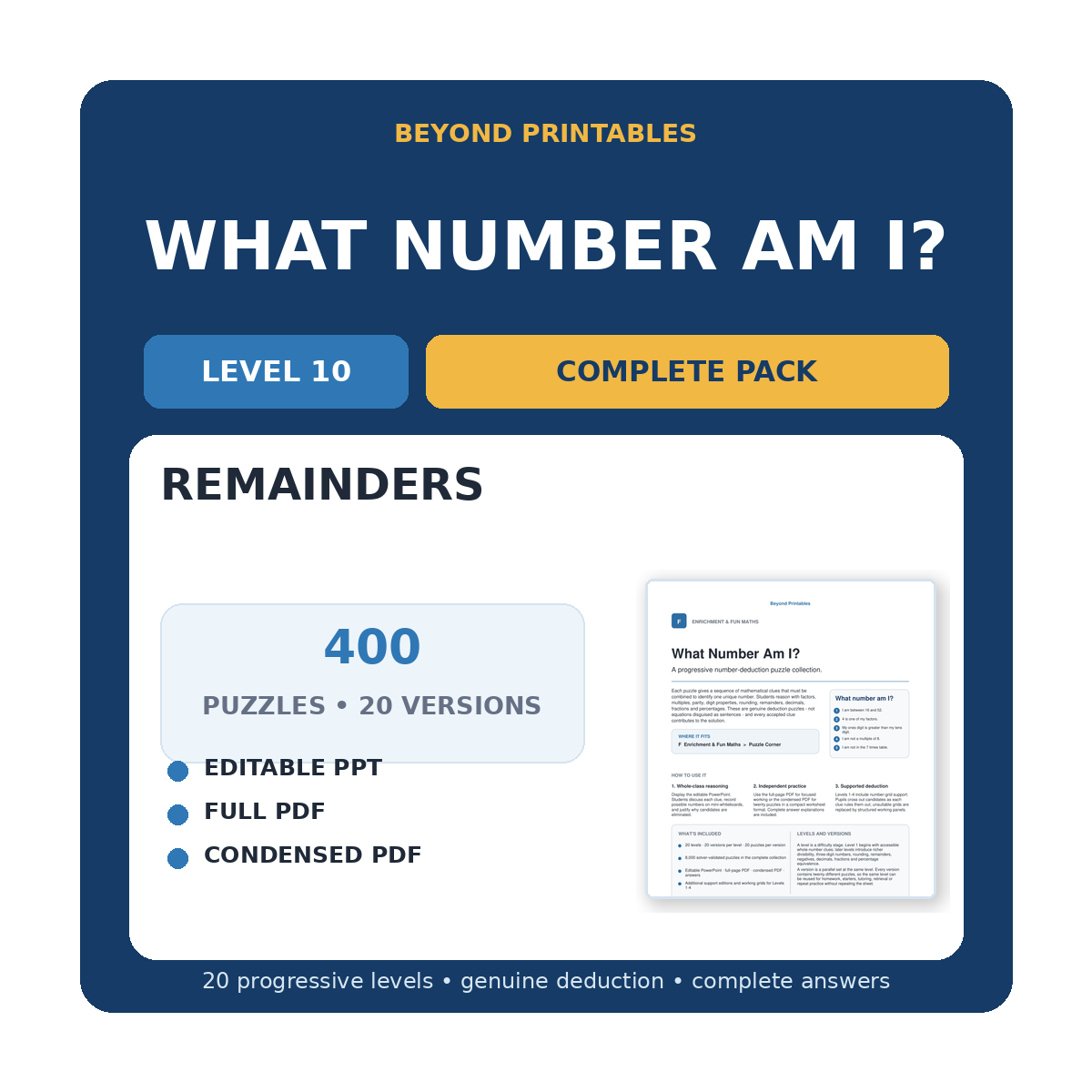 What Number Am I? Level 10: Remainders | 20-Version Bundle