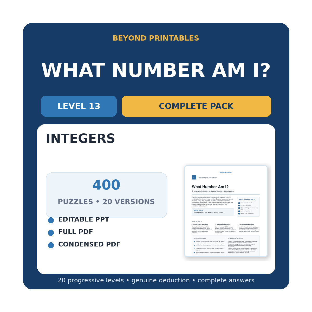 What Number Am I? Level 13: Integers | 20-Version Bundle