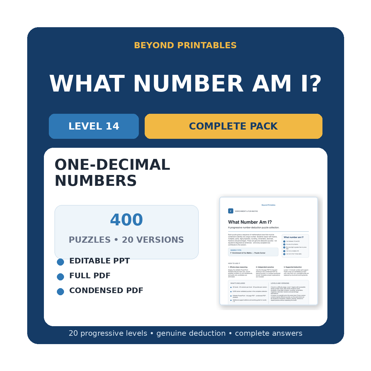 What Number Am I? Level 14: One-Decimal Numbers | 20-Version Bundle
