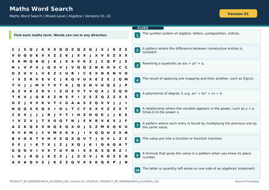 Algebra Maths Word Search | 10 Printable Vocabulary Puzzles with Solutions — puzzle preview