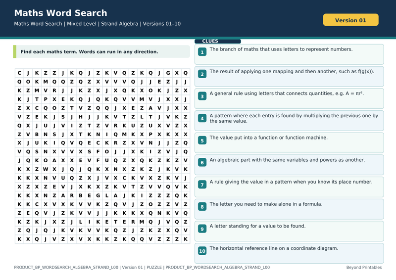 Algebra Strand Maths Word Search | 10 Printable Vocabulary Puzzles with Solutions — puzzle preview