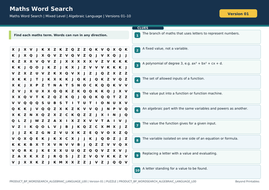 Algebraic Language Maths Word Search | 10 Printable Vocabulary Puzzles with Solutions — puzzle preview