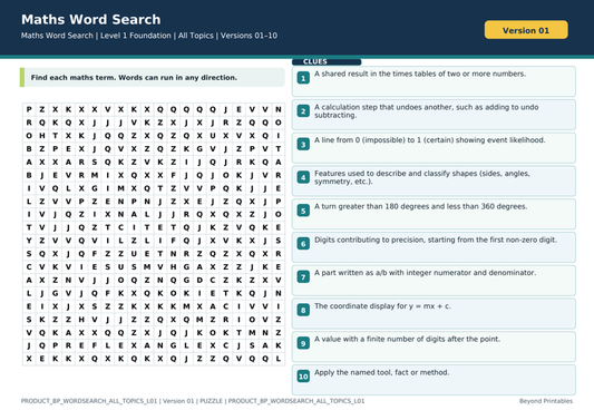 All Topics Level 1 Maths Word Search | 10 Printable Vocabulary Puzzles with Solutions — puzzle preview