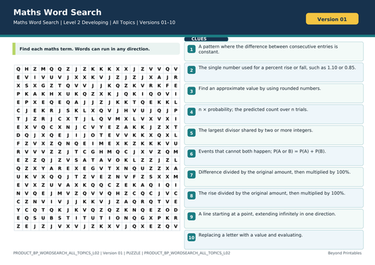 All Topics Level 2 Maths Word Search | 10 Printable Vocabulary Puzzles with Solutions — puzzle preview