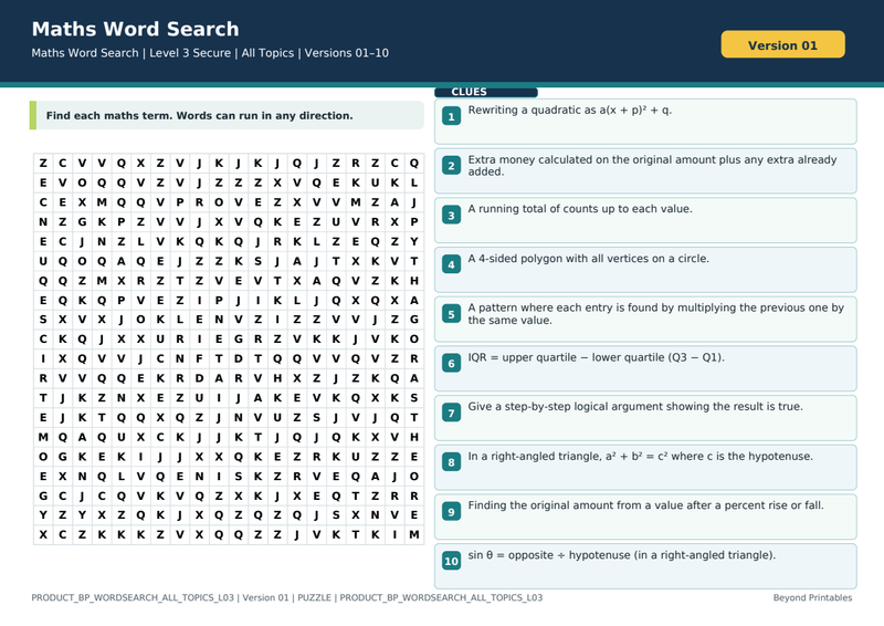 All Topics Level 3 Maths Word Search | 10 Printable Vocabulary Puzzles with Solutions — puzzle preview