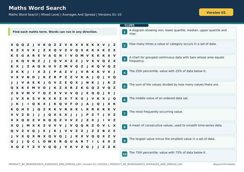 Averages And Spread Maths Word Search | 10 Printable Vocabulary Puzzles with Solutions — puzzle preview