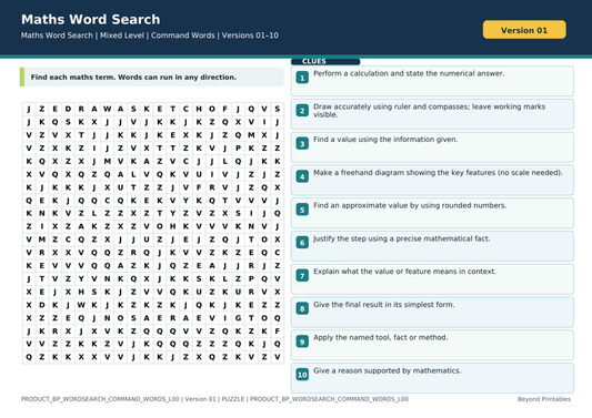 Command Words Maths Word Search | 10 Printable Vocabulary Puzzles with Solutions — puzzle preview