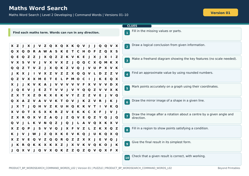Command Words Level 2 Maths Word Search | 10 Printable Vocabulary Puzzles with Solutions — puzzle preview