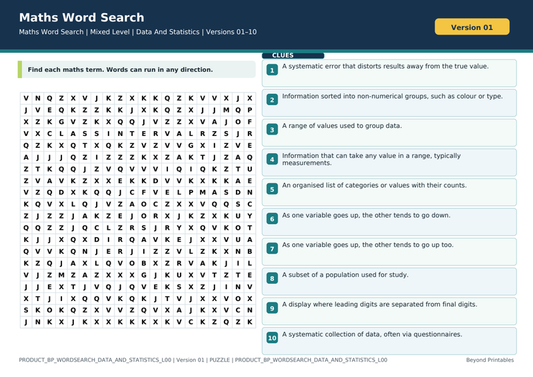 Data And Statistics Maths Word Search | 10 Printable Vocabulary Puzzles with Solutions — puzzle preview