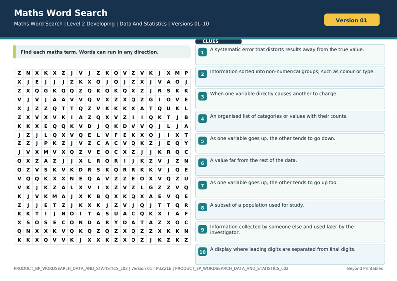 Data And Statistics Level 2 Maths Word Search | 10 Printable Vocabulary Puzzles with Solutions — puzzle preview