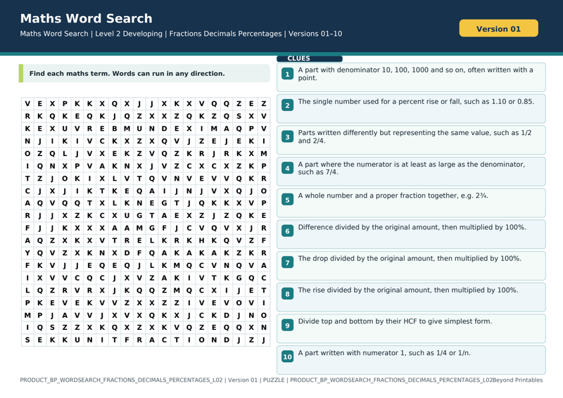 Fractions, Decimals and Percentages Level 2 Maths Word Search | 10 Printable Vocabulary Puzzles with Solutions — puzzle preview