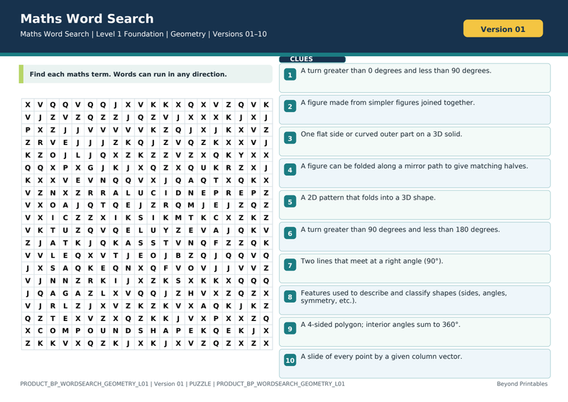 Geometry Level 1 Maths Word Search | 10 Printable Vocabulary Puzzles with Solutions — puzzle preview