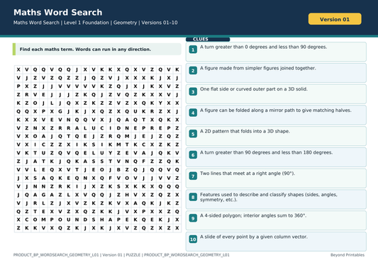 Geometry Level 1 Maths Word Search | 10 Printable Vocabulary Puzzles with Solutions — puzzle preview