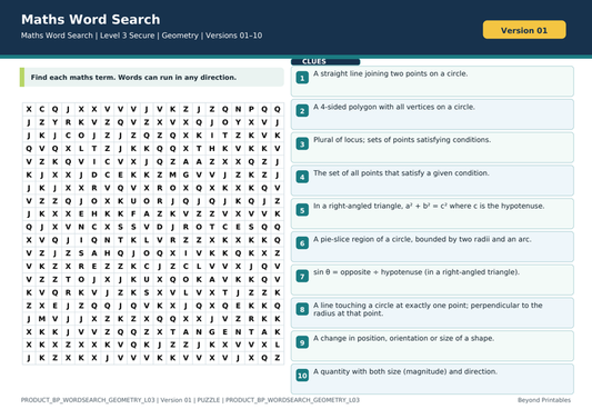Geometry Level 3 Maths Word Search | 10 Printable Vocabulary Puzzles with Solutions — puzzle preview