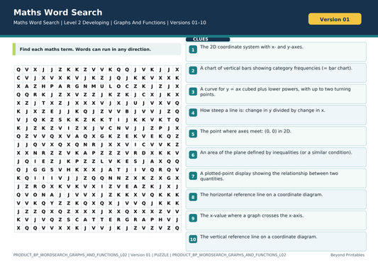 Graphs And Functions Level 2 Maths Word Search | 10 Printable Vocabulary Puzzles with Solutions — puzzle preview