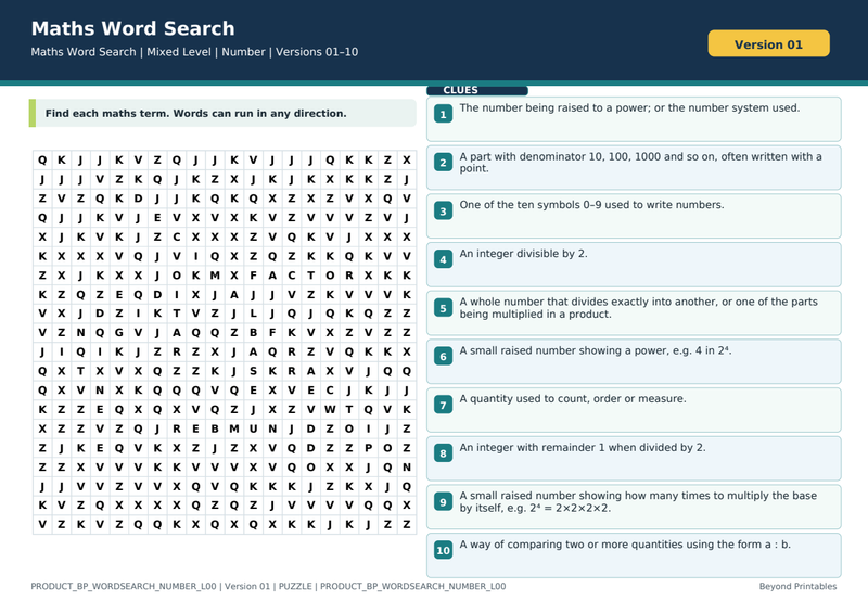 Number Maths Word Search | 10 Printable Vocabulary Puzzles with Solutions — puzzle preview