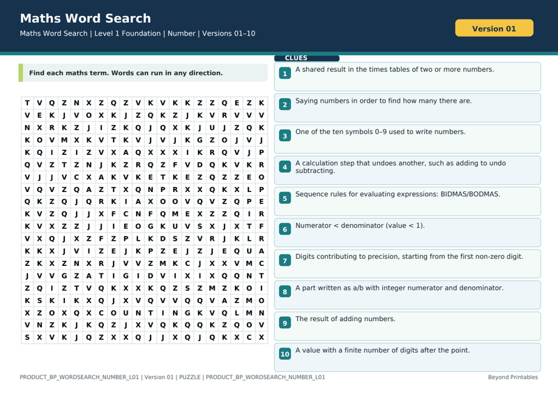 Number Level 1 Maths Word Search | 10 Printable Vocabulary Puzzles with Solutions — puzzle preview