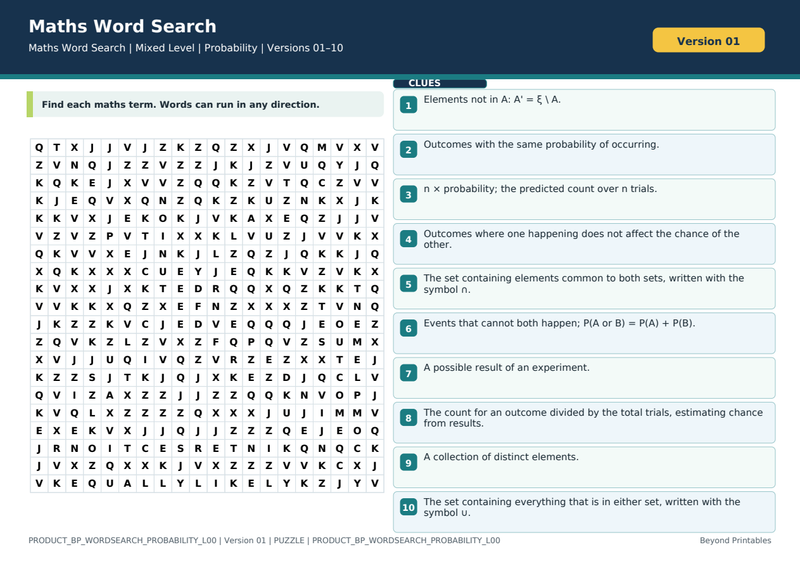 Probability Maths Word Search | 10 Printable Vocabulary Puzzles with Solutions — puzzle preview