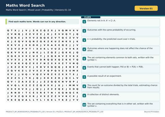 Probability Maths Word Search | 10 Printable Vocabulary Puzzles with Solutions — puzzle preview