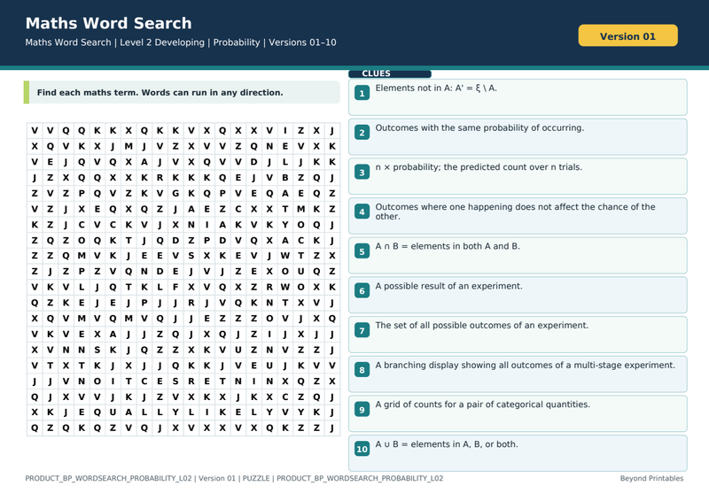 Probability Level 2 Maths Word Search | 10 Printable Vocabulary Puzzles with Solutions — puzzle preview