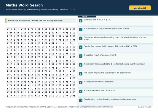 Probability Strand Maths Word Search | 10 Printable Vocabulary Puzzles with Solutions — puzzle preview