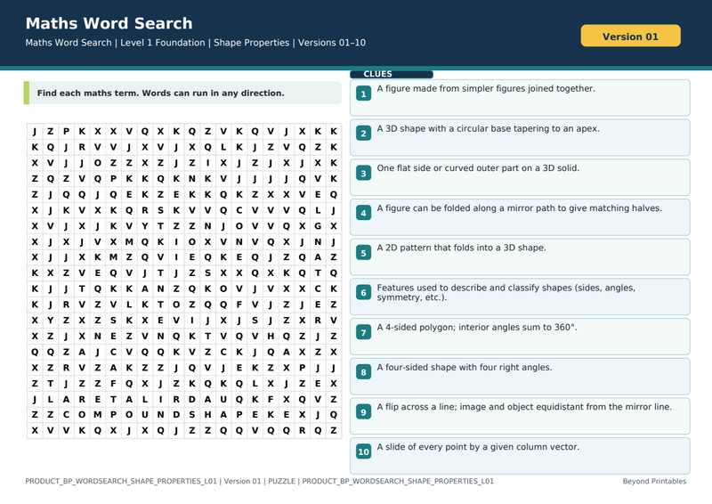 Shape Properties Level 1 Maths Word Search | 10 Printable Vocabulary Puzzles with Solutions — puzzle preview