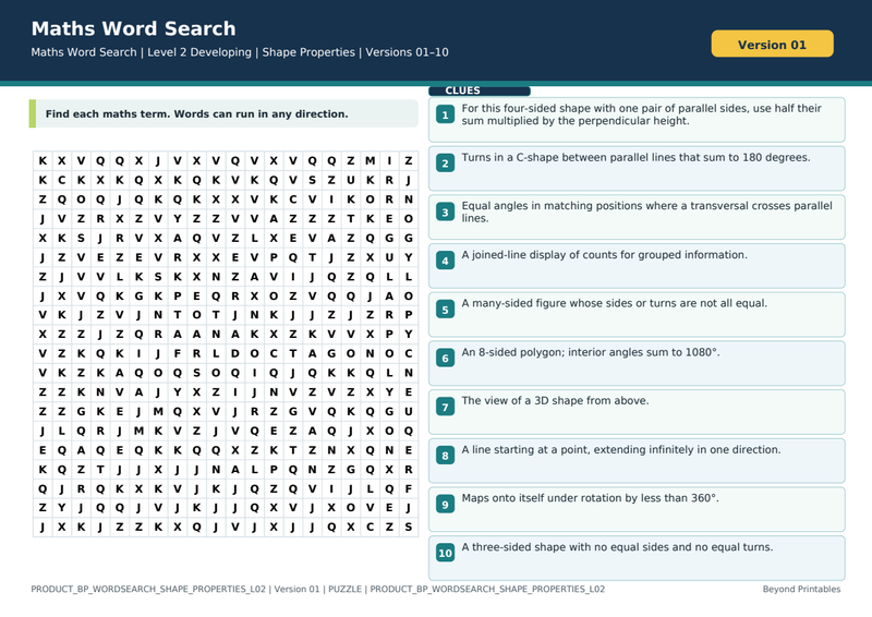 Shape Properties Level 2 Maths Word Search | 10 Printable Vocabulary Puzzles with Solutions — puzzle preview