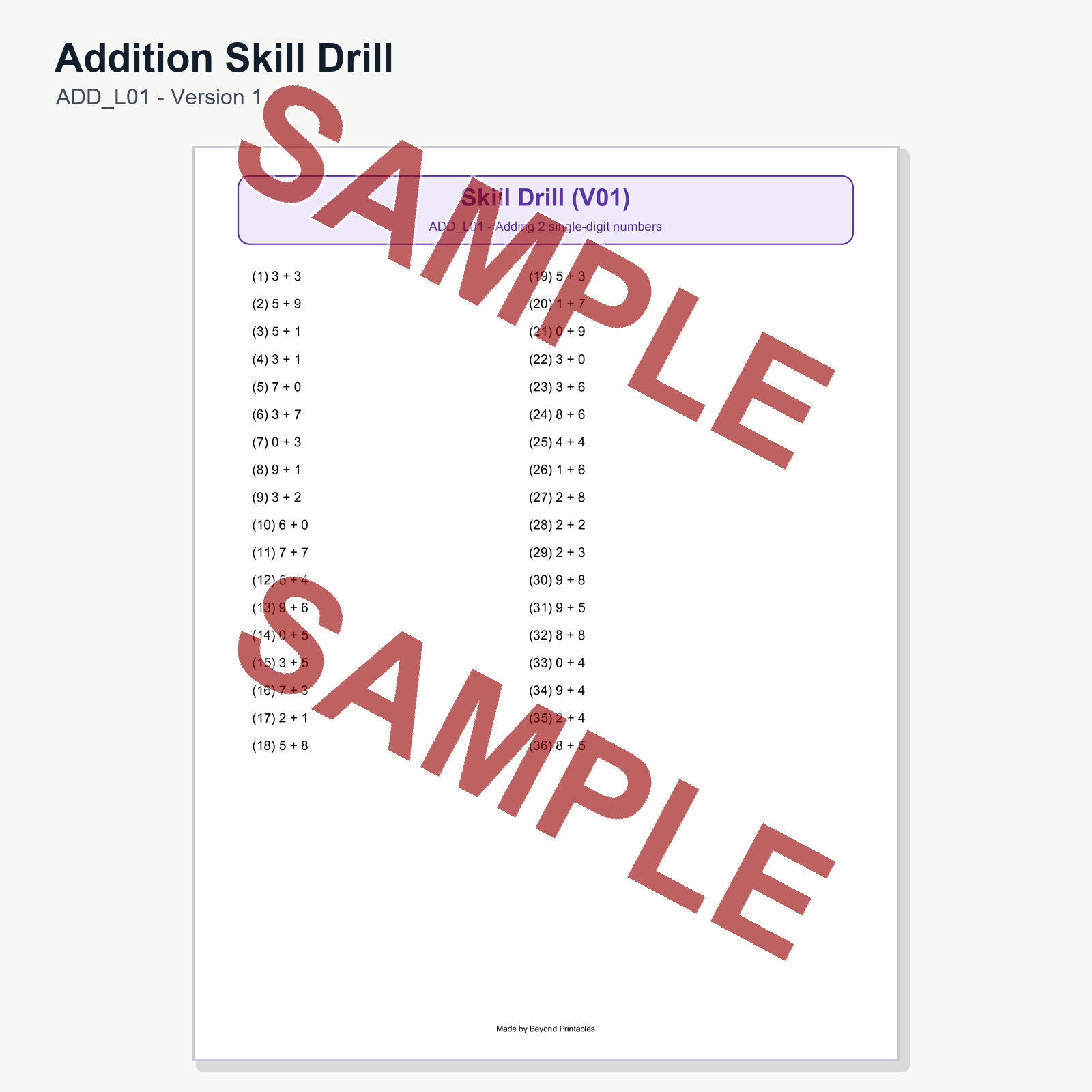 Sample preview of Addition Skill Drill ADD_L01 Version 1 worksheet page