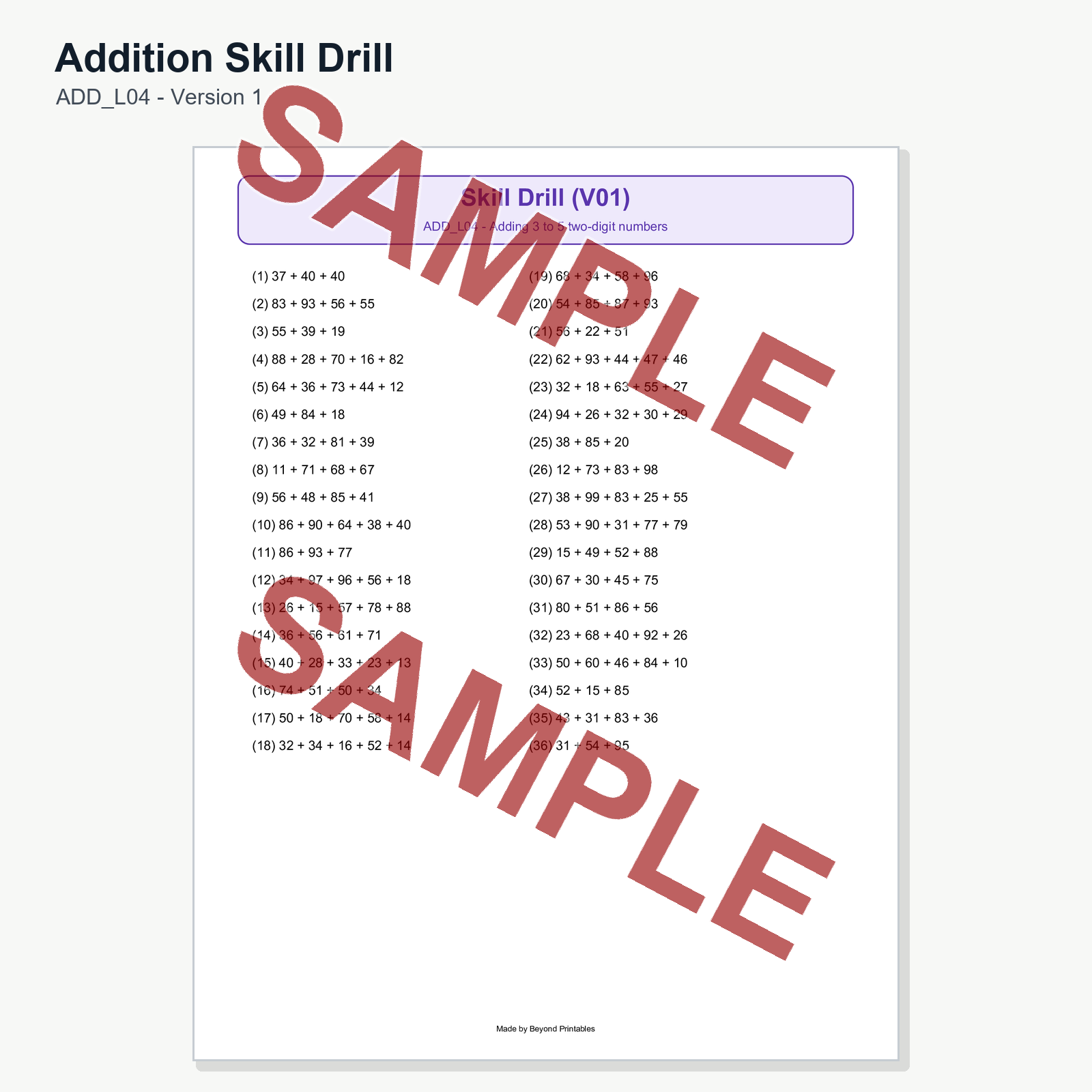 Sample preview for addition-skill-drill-add-l04-version-1