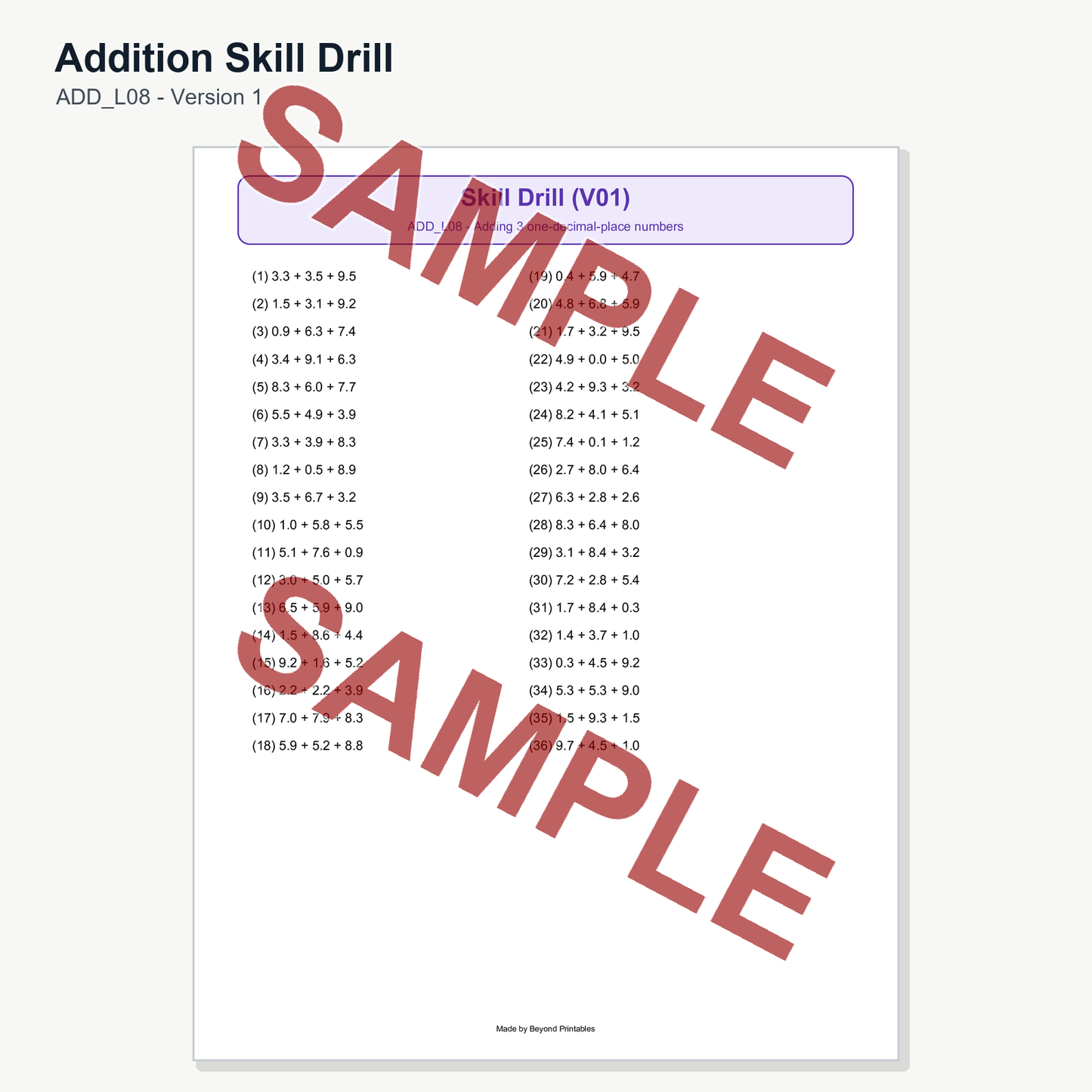 Sample preview for Addition Skill Drill ADD_L08 - Version 1