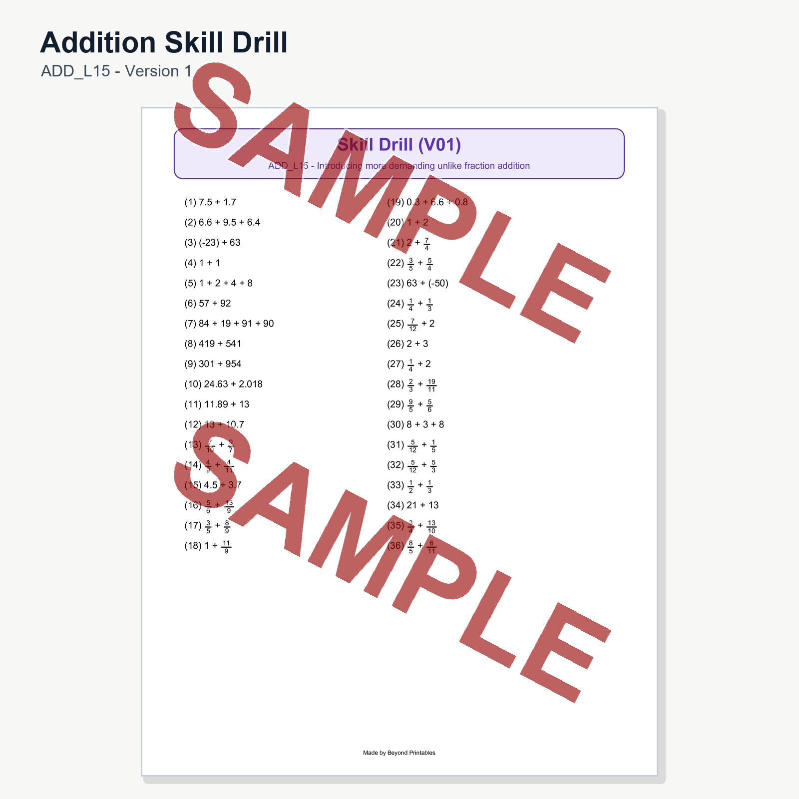 Sample preview for addition-skill-drill-add-l15-version-1